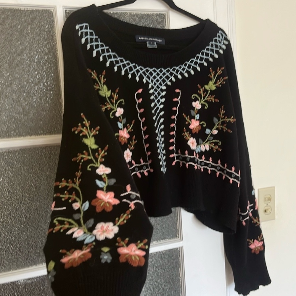 French Connection Black Floral Fairy Cropped Embroidered Sweater Lambswool